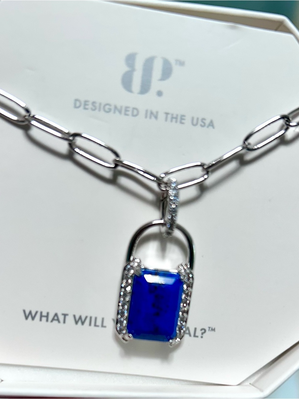 Silver Padlock Pendant Necklace with genuine lapis